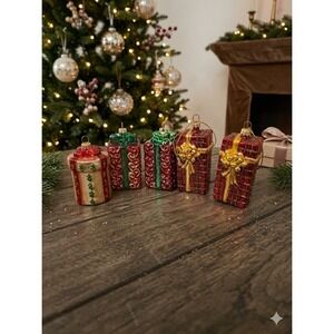 5 Vintage Blown Glass Christmas Present Ornaments Red Gold Green Glitter READ
